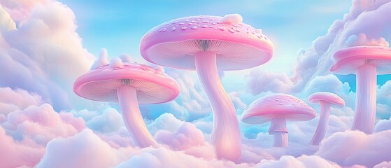 Wall Mural - A pink mushroom cloud with pink mushrooms on top. The mushrooms are all different sizes and are scattered throughout the cloud. Scene is whimsical and playful