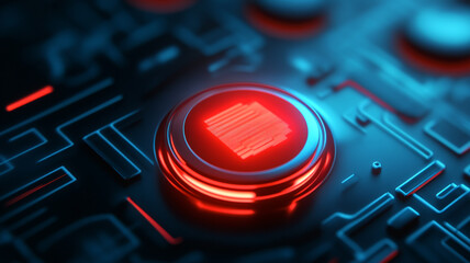 Poster - A close-up view of a glowing red button on a high-tech circuit board during a futuristic setting