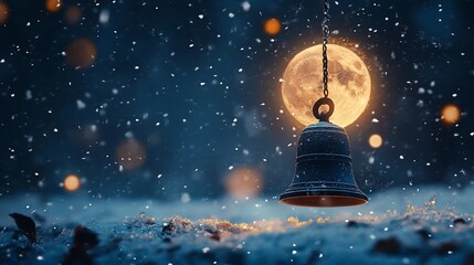 A single bell hangs in the snowy night with a full moon behind it.