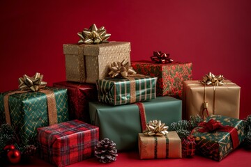 Wall Mural - Pile of wrapped presents with colorful paper and ribbons, ready for gifting during festive celebration.