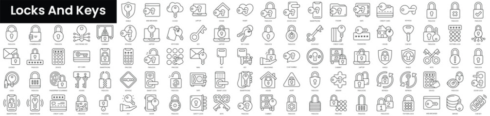 Poster - Set of outline locks and keys icons. Minimalist thin linear web icon set. vector illustration.