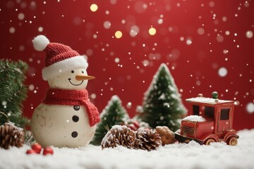 Wall Mural - Snowman wearing red hat, scarf, standing on snowy field, with trees in background, clear blue sky.