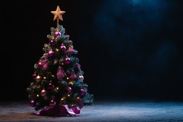 Wall Mural - Christmas tree adorned with purple ornaments, topped with star, festive holiday decoration indoors.