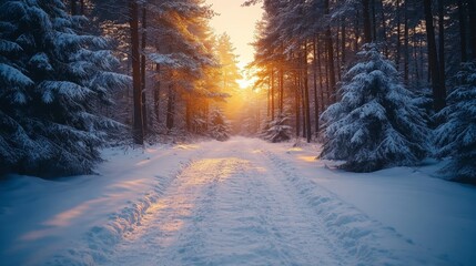 Aufkleber - A serene winter morning unfolds as sunlight streams through tall trees, illuminating the snowy path. The tranquil forest radiates a peaceful winter ambiance.