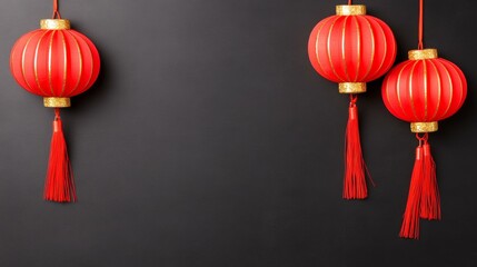 Sticker - Three red lanterns hanging on wall casting warm glow, creating cozy ambiance in dimly lit space.