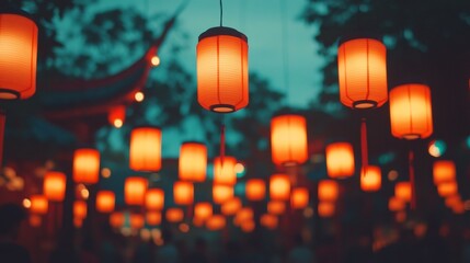 Sticker - Red lanterns hanging from tree branches, creating warm glow during night, enhancing festive ambiance.