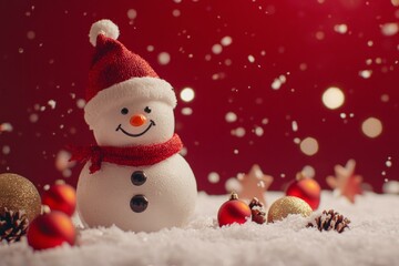 Wall Mural - Snowman wearing red hat, scarf in snowy landscape, surrounded by snow-covered trees, clear blue sky.