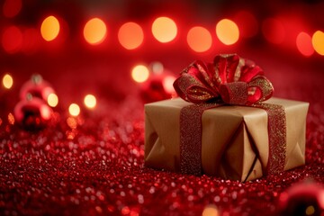 Wall Mural - Gift box wrapped with red bow, elegant presentation, perfect for special occasions, celebrations, surprises.
