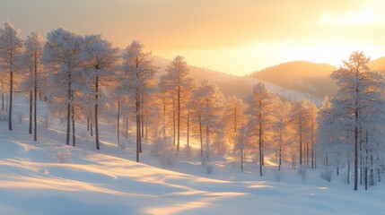 Poster - A serene winter morning reveals a landscape filled with snow-covered trees, glowing softly as the sun rises over distant mountains, creating a peaceful ambiance.