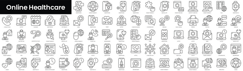 Poster - Set of outline online healthcare icons. Minimalist thin linear web icon set. vector illustration.