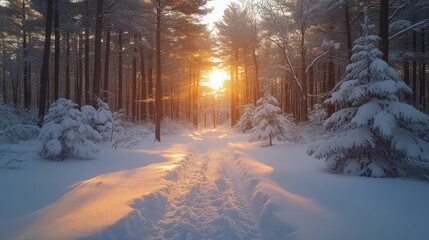 Poster - A tranquil winter landscape featuring a snow-covered path winding through a dense forest. The sun sets, casting a warm golden glow through the trees, creating a peaceful atmosphere.