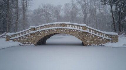 Poster - A beautiful stone bridge spans a frozen pond, blanketed in snow. Tall, bare trees create a peaceful atmosphere in this winter setting.
