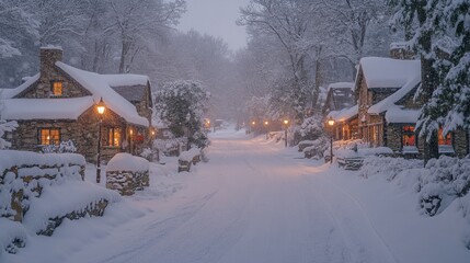 Poster - A tranquil village street blanketed in fresh snow during dusk. Warm lights glow from quaint cottages, creating a cozy winter wonderland. The surroundings are serene and picturesque.
