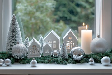 Wall Mural - Festive windowsill adorned with Christmas decorations featuring mini trees, white houses, candles, and silver baubles in a cozy setting