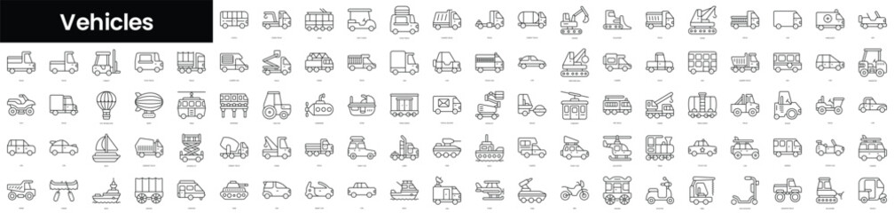 Poster - Set of outline vehicles icons. Minimalist thin linear web icons bundle. vector illustration.