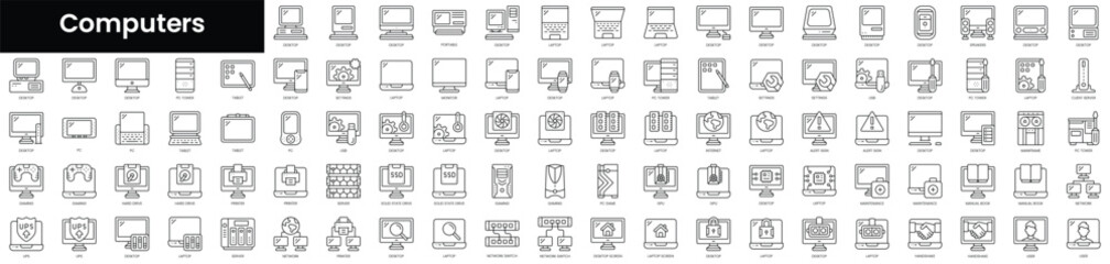 Poster - Set of outline computers icons. Minimalist thin linear web icons bundle. vector illustration.