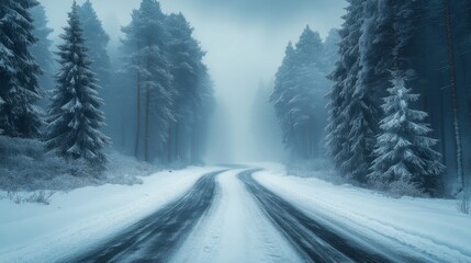 Poster - The snow-covered road winds through a quiet forest, flanked by tall, frosted trees. The early morning fog envelops the scene, creating a tranquil atmosphere.