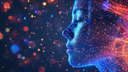 Poster - Colorful particles and data streams are converging and forming a futuristic human face, representing the concept of artificial intelligence, big data, and future technologies