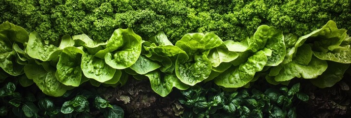 Poster - A variety of fresh lettuce leaves and herbs, including dill and basil, are beautifully arranged in a lush garden bed under sunlight. Generative AI