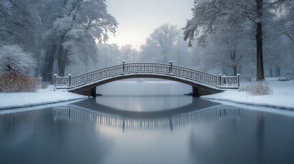 Poster - The scene captures a misty winter morning with soft snow covering trees and land, as a charming bridge spans a calm, reflective lake, creating a tranquil atmosphere.