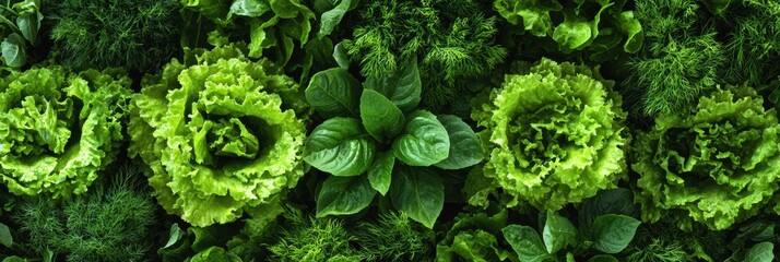 Poster - Fresh lettuce, dill, and basil are artfully arranged on a rustic wooden surface, showcasing their vibrant green colors and textures. Generative AI