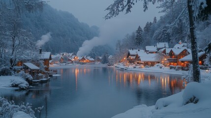 Poster - A picturesque winter village is nestled beside a calm river at twilight. Charming homes adorned with warm lights glow through the snow-covered surroundings, creating a serene and magical atmosphere.