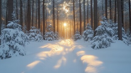 Poster - Sunlight filters through tall trees in a snow-covered forest, casting warm light on the white ground, creating a peaceful winter ambiance during late afternoon.