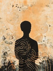 Aufkleber - A solitary figure stands still with abstract circular patterns swirling around, evoking a sense of contemplation and tranquility. Generative AI