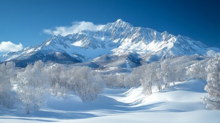 Poster - A breathtaking view of snow-covered mountains under a vibrant blue sky. Frosty trees dot the landscape, creating a peaceful winter scene.