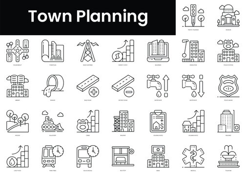 Set of outline town planning icons. Minimalist thin linear web icon set. vector illustration.