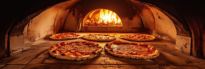 Poster - Several pizzas are cooking in a wood-fired oven, surrounded by bright flames, creating a warm, inviting atmosphere. Generative AI
