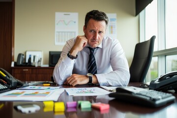 Sad businessman contemplating financial graphs at his desk in a challenging situation