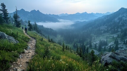 Aufkleber - Two hikers trek along a winding path through a lush green landscape, surrounded by misty mountains and fresh morning air at dawn.