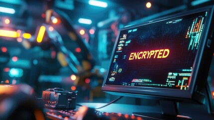 Aufkleber - Industrial control monitor displaying encrypted message in a high-tech environment