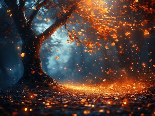 Poster - Enchanting Tree with Glowing Autumn Leaves and Bokeh Lights