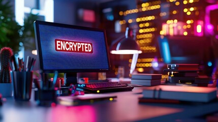 Aufkleber - Secure communication computer monitor displaying encrypted message in bank office