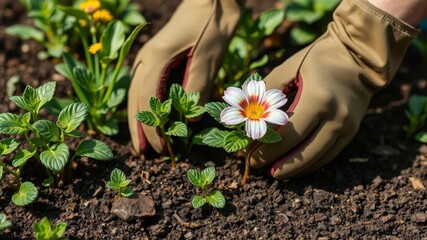 A close-up shot of a pair of hands planting a colorful flower in a vibrant garden, gardening tools, growth