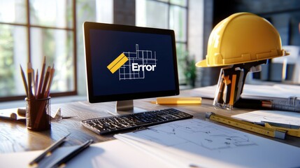 Computer monitor displaying an error message surrounded by drafting tools and a hard hat highlighting challenges in architectural design and construction workflow