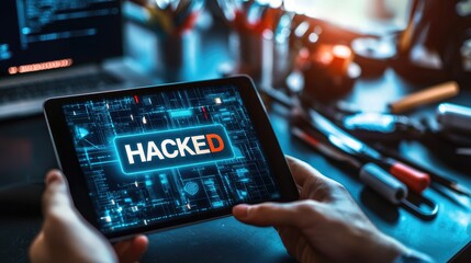 Poster - Tech workshop insights tablet displaying hacked amid tools and equipment