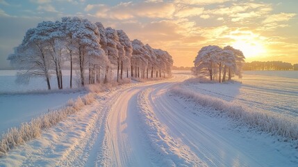 Poster - A tranquil winter evening unfolds as the sun sets, casting warm light over a winding snowy road bordered by frosted trees and peaceful fields.