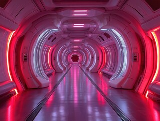 Poster - Futuristic Corridor with Pink and White Neon Lights