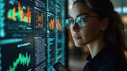 Poster - Woman with glasses intently looking at data on a monitor screen