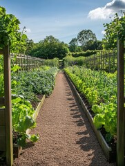 Aufkleber - The garden features orderly rows of thriving vegetables, bathed in afternoon sunlight, creating a picturesque outdoor space for cultivation. Generative AI