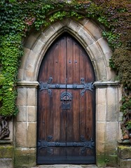 Wall Mural - A heavy, wooden door with ornate ironwork, framed by stone and ivy.