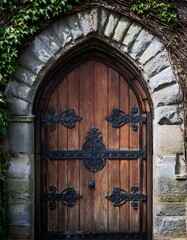 Wall Mural - A weathered wooden door with intricate metal accents sits within a stone archway covered in ivy.