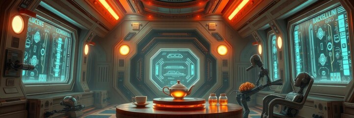 Futuristic chamber for robot empire with six seats, efficient design, sci-fi style, digital art, files, efficient design, chamber