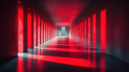 Poster - Exploring the intersection of modern concrete and glass architecture geometric shadows and red light play in urban spaces