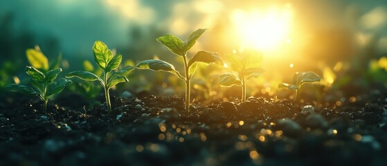 Aufkleber - Young Green Plants Growing in Soil at Sunset