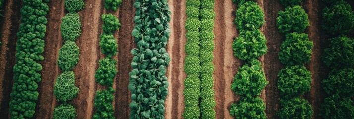 Poster - Straight lines of healthy vegetables grow in an organized garden, showcasing a variety of green plants basking in sunlight. Generative AI