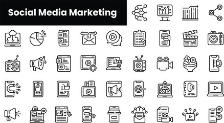 Fototapete - Set of outline social media marketing icons